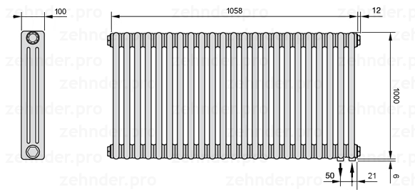 Схема (чертеж) Радиатор Zehnder Charleston 3100/23 №5510 Белый глянцевый RAL 9016
